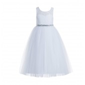 White / Silver Lace Tulle Scoop Neck Keyhole Back A-Line Flower Girl Dress 178