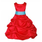 Red/Spa Satin Pick-Up Bubble Flower Girl Dress Christmas 806S