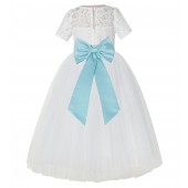 Ivory / Spa Blue Floral Lace Flower Girl Dress Vintage Dress LG2