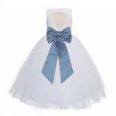White / Steel Blue Floral Lace Heart Cutout Flower Girl Dress with Flower 172T