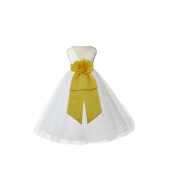 V-Neck Tulle Ivory/Sunbeam Flower Girl Dress Wedding Pageant 108