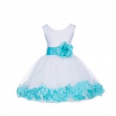 White/ Tiffany Blue Rose Petals Tulle Flower Girl Dress Wedding 305T