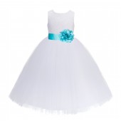 White / Tiffany Blue Floral Lace Heart Cutout Flower Girl Dress with Flower 172T