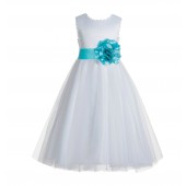 White / Tiffany Blue V-Back Lace Edge Flower Girl Dress 183T