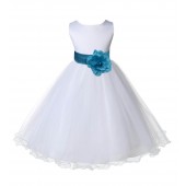White/Turquoise Tulle Rattail Edge Flower Girl Dress Wedding Bridal 829S