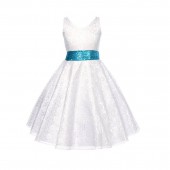 White Floral Lace Overlay V-Neck Turquoise Sequin Flower Girl Dress 166mh