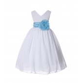White/Turquoise V-Neck Yoryu Chiffon Flower Girl Dress Wedding 503NF