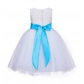 White/Turquoise Lace Embroidery Tulle Flower Girl Dress Wedding 118