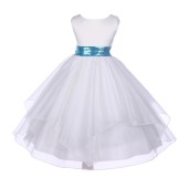 White Satin Organza Turquoise Sequin Sash Flower Girl Dress J012mh