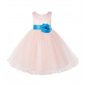 Blush Pink / Turquoise Tulle Rattail Edge Flower Girl Dress Pageant Recital 829S