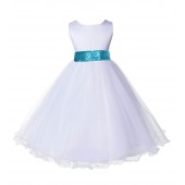 White Tulle Rattail Edge Turquoise Sequin Sash Flower Girl Dress 829mh