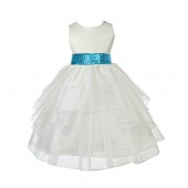 Ivory Shimmering Organza Turquoise Sequin Sash Flower Girl Dress 4613mh