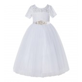 White Floral Lace Flower Girl Dress Pageant Dress LG2