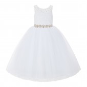 White / Rose Gold V-Back Lace Flower Girl Dress Lace Tutu Dress 212R2