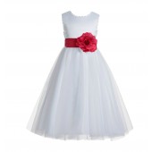 White / Watermelon V-Back Lace Edge Flower Girl Dress 183T