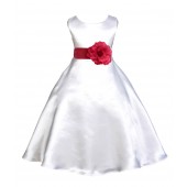 White/Watermelon A-Line Satin Flower Girl Dress Wedding Bridal 821T