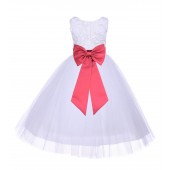 White/Watermelon Tulle 3D Floral Rose Flower Girl Dress Pageant 152T