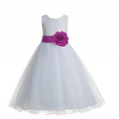 White / Raspberry Floral Lace Heart Cutout Flower Girl Dress with Flower 172T