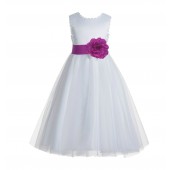 White / Raspberry V-Back Lace Edge Flower Girl Dress 183T
