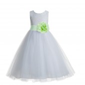 White / Apple Green Floral Lace Heart Cutout Flower Girl Dress with Flower 172T