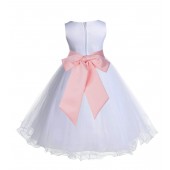 White/Peach Tulle Rattail Edge Flower Girl Dress Wedding Bridal 829S
