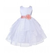White/Peach Satin Shimmering Organza Flower Girl Dress Wedding 4613T