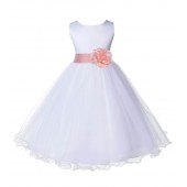 White/Peach Tulle Rattail Edge Flower Girl Dress Wedding Bridesmaid 829T