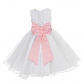 White / Bellini Peach Lace Organza Flower Girl Dress 186T