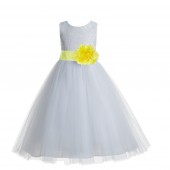 White / Lemon Lime Floral Lace Heart Cutout Flower Girl Dress with Flower 172T