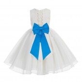 Ivory / Malibu Blue Lace Organza Flower Girl Dress 186T