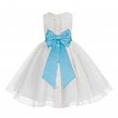 Ivory / Spa Blue Lace Organza Flower Girl Dress 186T