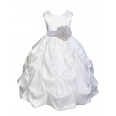 White/White Satin Taffeta Pick-Up Bubble Flower Girl Dress 301T