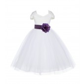 Ivory/Wisteria V-shaped Neckline Short Sleeves Tulle Flower Girl Dress 154S
