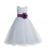White / Wisteria Floral Lace Heart Cutout Flower Girl Dress with Flower 172T