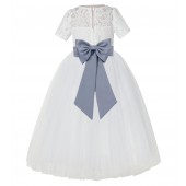 Ivory / Dusty Blue Floral Lace Flower Girl Dress Vintage Dress LG2