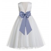 Ivory / Dusty Blue V-Back Lace Edge Flower Girl Dress 183T