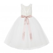 Ivory / Blush Pink V-Back Lace Flower Girl Dress Lace Tutu Dress 212R3